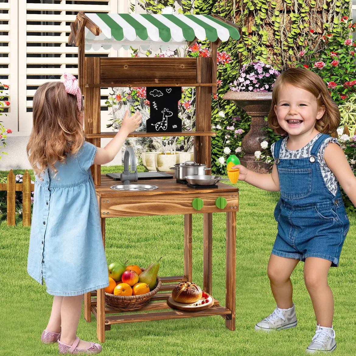 Kinder Matschküche mit Dach & Schultafel & Spüle & Wasserhahn Doppelseitige Spielküche