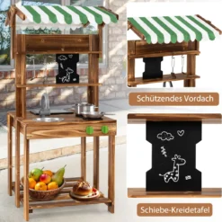 Kinder Matschküche mit Dach & Schultafel & Spüle & Wasserhahn Doppelseitige Spielküche