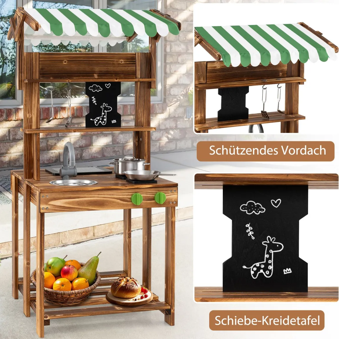 Kinder Matschküche mit Dach & Schultafel & Spüle & Wasserhahn Doppelseitige Spielküche