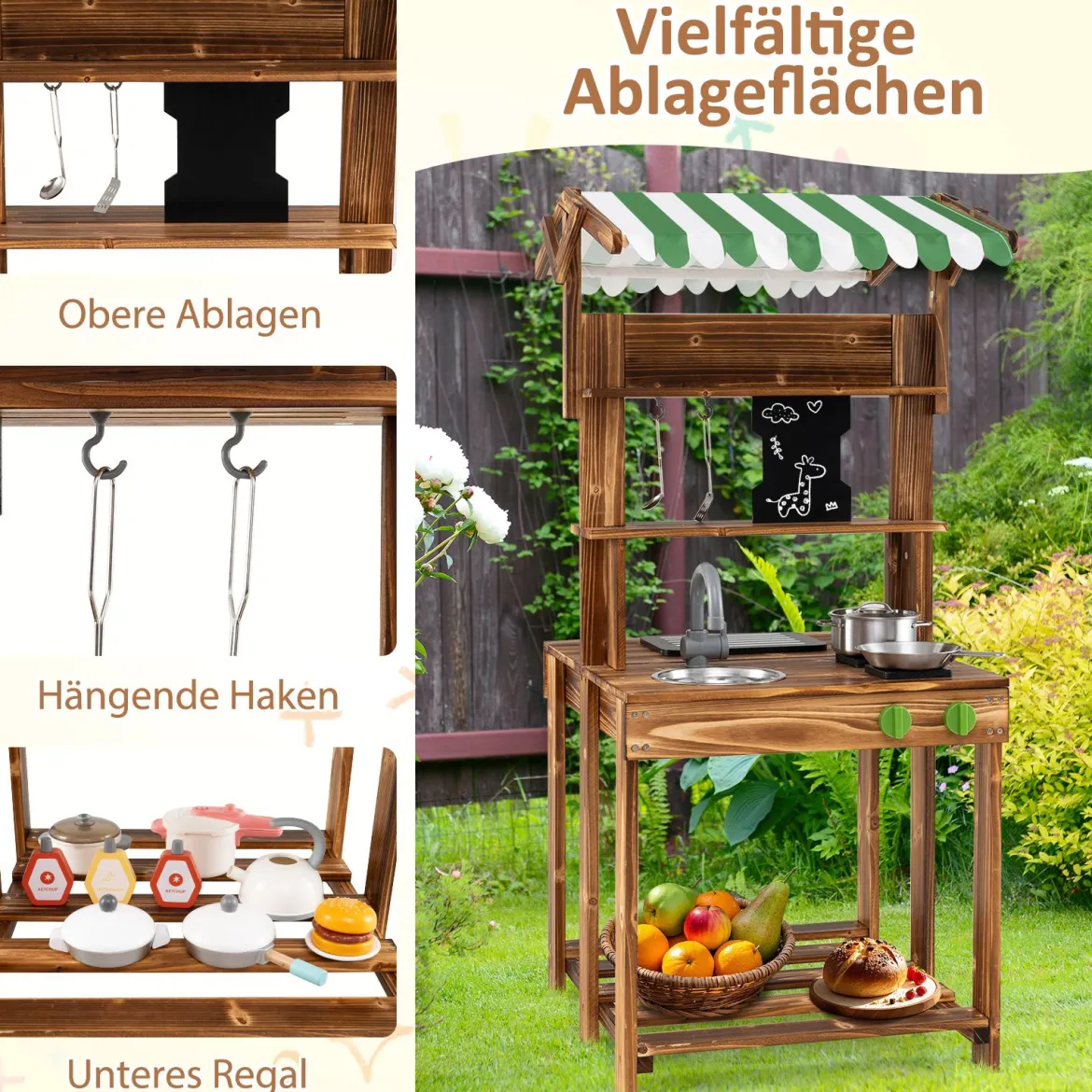 Kinder Matschküche mit Dach & Schultafel & Spüle & Wasserhahn Doppelseitige Spielküche
