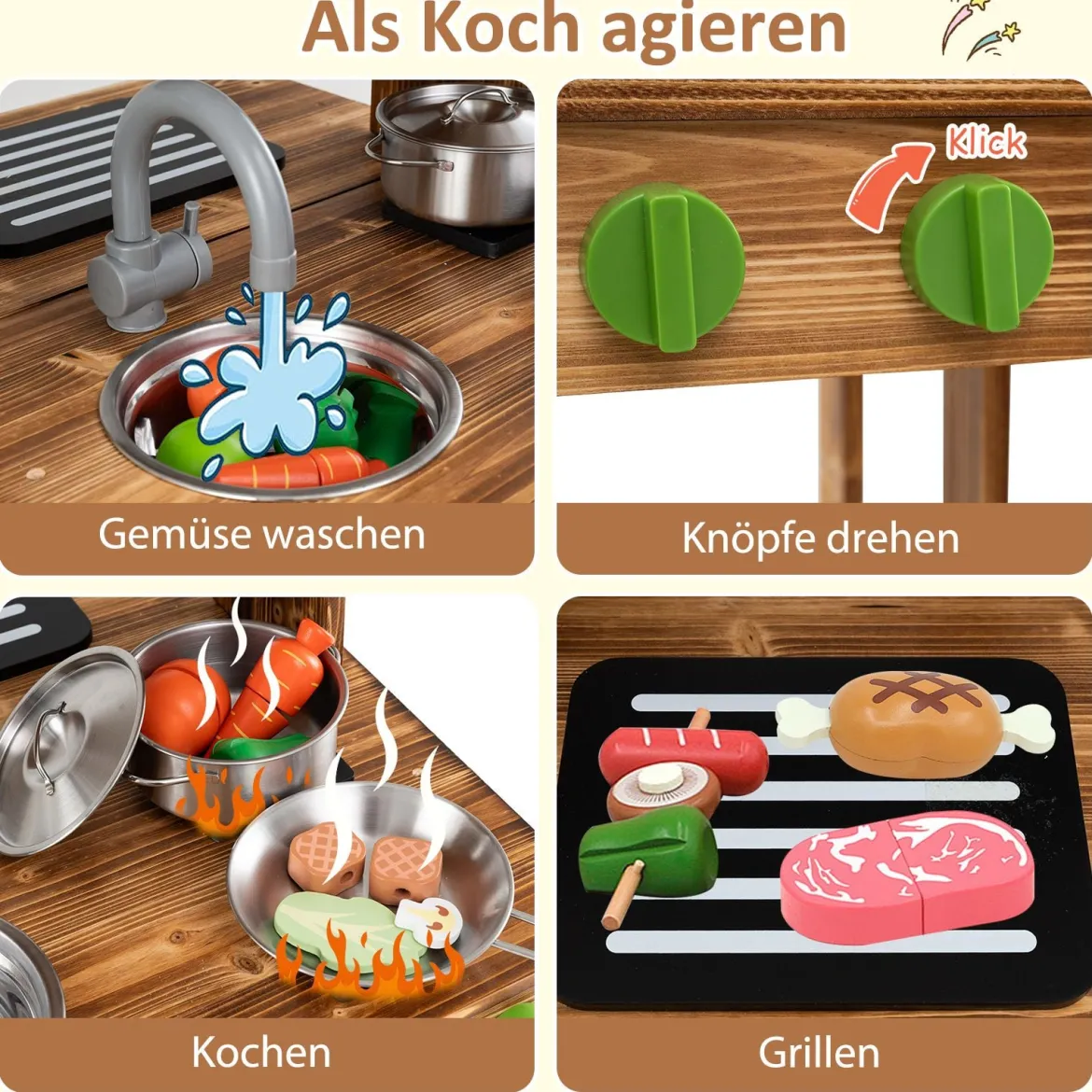 Kinder Matschküche mit Dach & Schultafel & Spüle & Wasserhahn Doppelseitige Spielküche