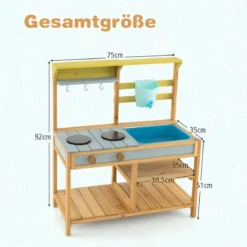 Kinder Matschküche mit Wasserfunktion & Haken & Abnehmbarem Regal Holz Kinderküche