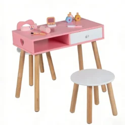 Kinder Nageltisch und Stühle Set Maniküretisch mit Stuhl und Hocker Maniküre-Set aus Holz mit Lidschatten