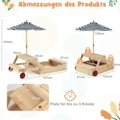 Kinder Picknicktisch mit Sandkasten & Sonnenschirm Holz Kindertisch mit Abnehmbarer Tischplatte