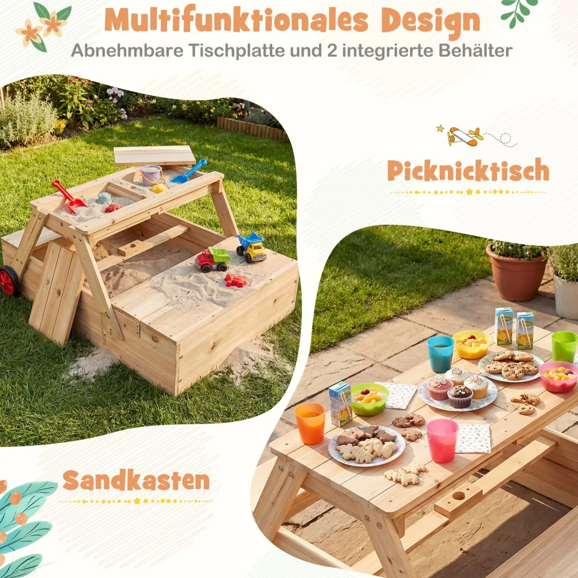 Kinder Picknicktisch mit Sandkasten & Sonnenschirm Holz Kindertisch mit Abnehmbarer Tischplatte