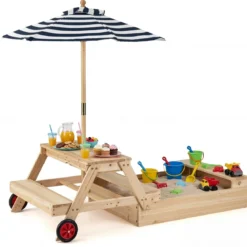 Kinder Picknicktisch mit Sandkasten & Sonnenschirm Holz Kindertisch mit Abnehmbarer Tischplatte