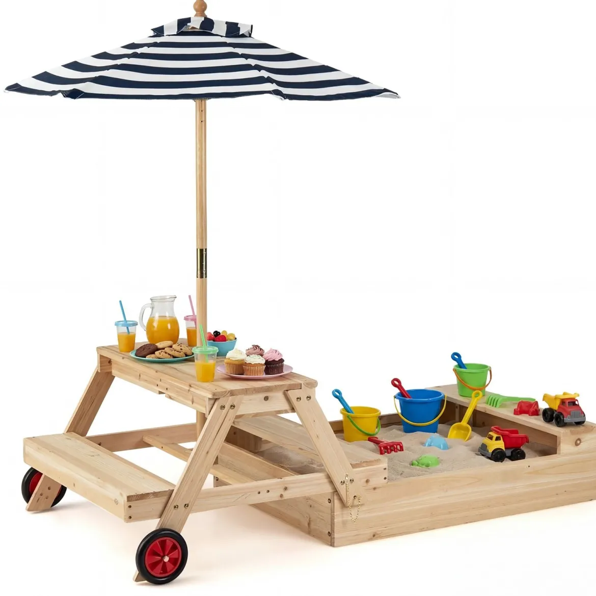 Kinder Picknicktisch mit Sandkasten & Sonnenschirm Holz Kindertisch mit Abnehmbarer Tischplatte
