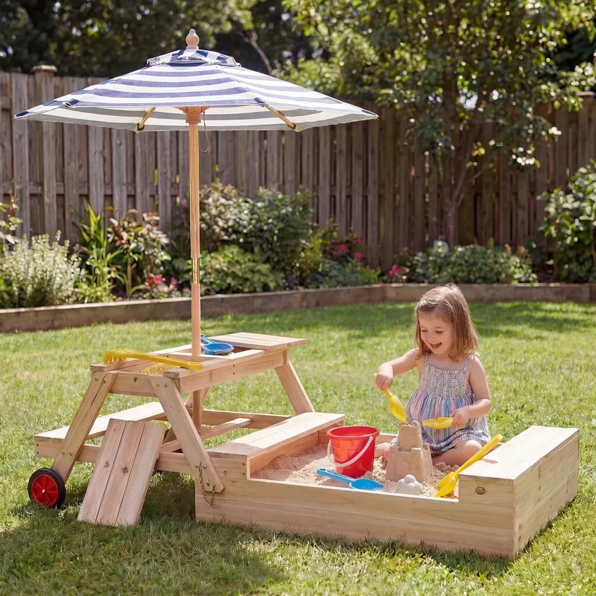 Kinder Picknicktisch mit Sandkasten & Sonnenschirm Holz Kindertisch mit Abnehmbarer Tischplatte