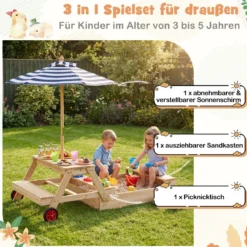 Kinder Picknicktisch mit Sandkasten & Sonnenschirm Holz Kindertisch mit Abnehmbarer Tischplatte