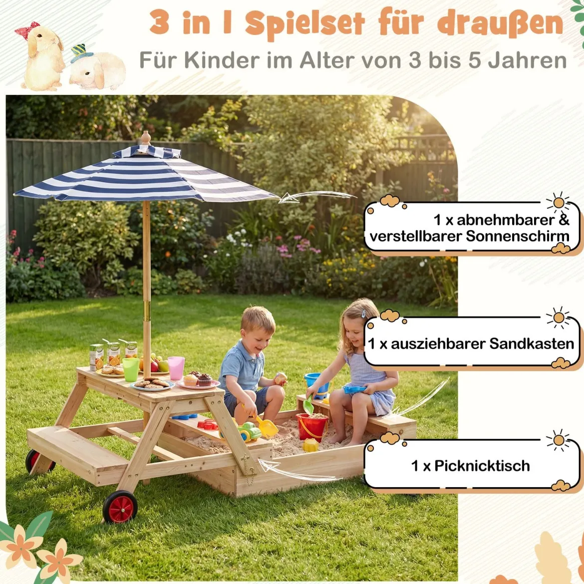 Kinder Picknicktisch mit Sandkasten & Sonnenschirm Holz Kindertisch mit Abnehmbarer Tischplatte