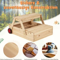 Kinder Picknicktisch mit Sandkasten & Sonnenschirm Holz Kindertisch mit Abnehmbarer Tischplatte