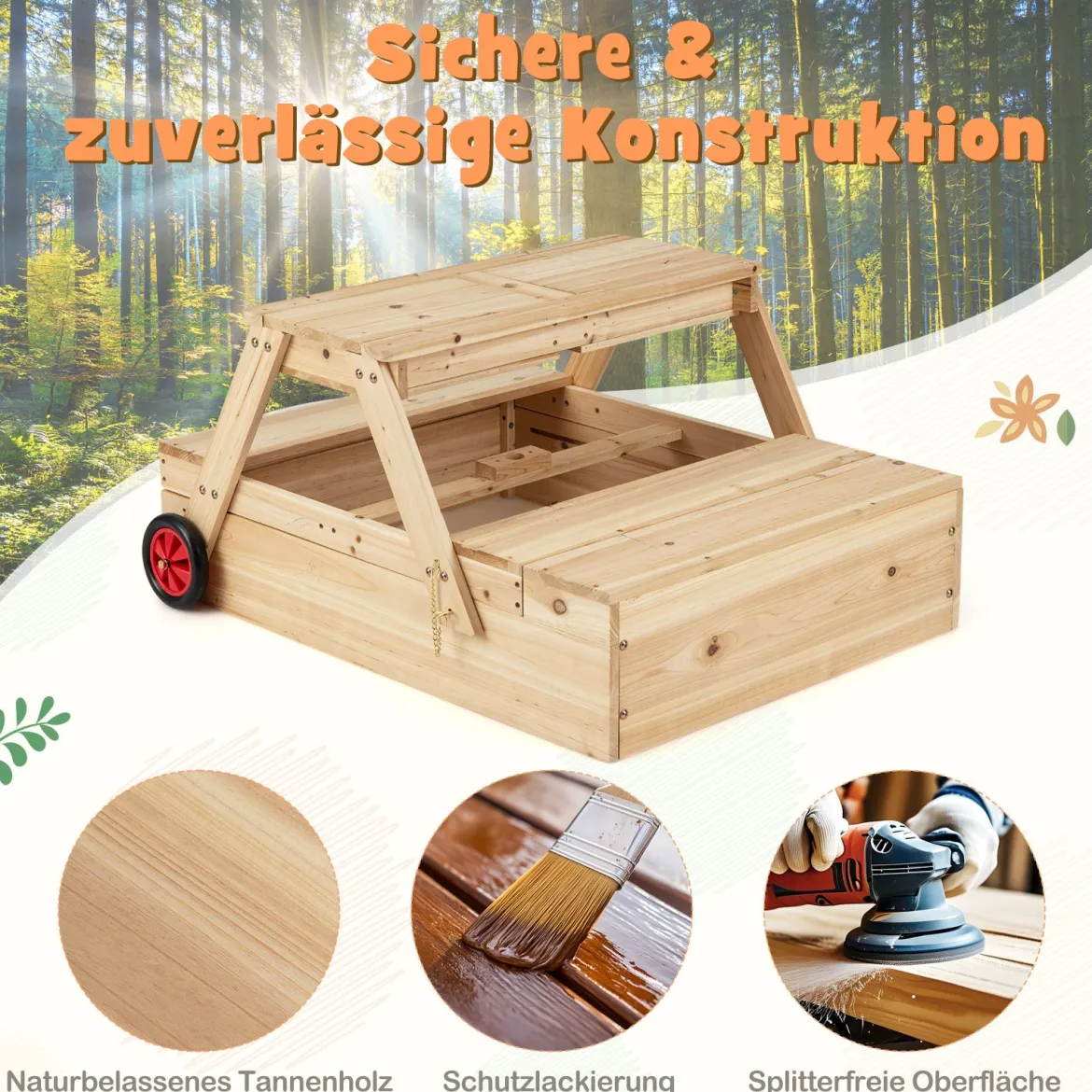 Kinder Picknicktisch mit Sandkasten & Sonnenschirm Holz Kindertisch mit Abnehmbarer Tischplatte