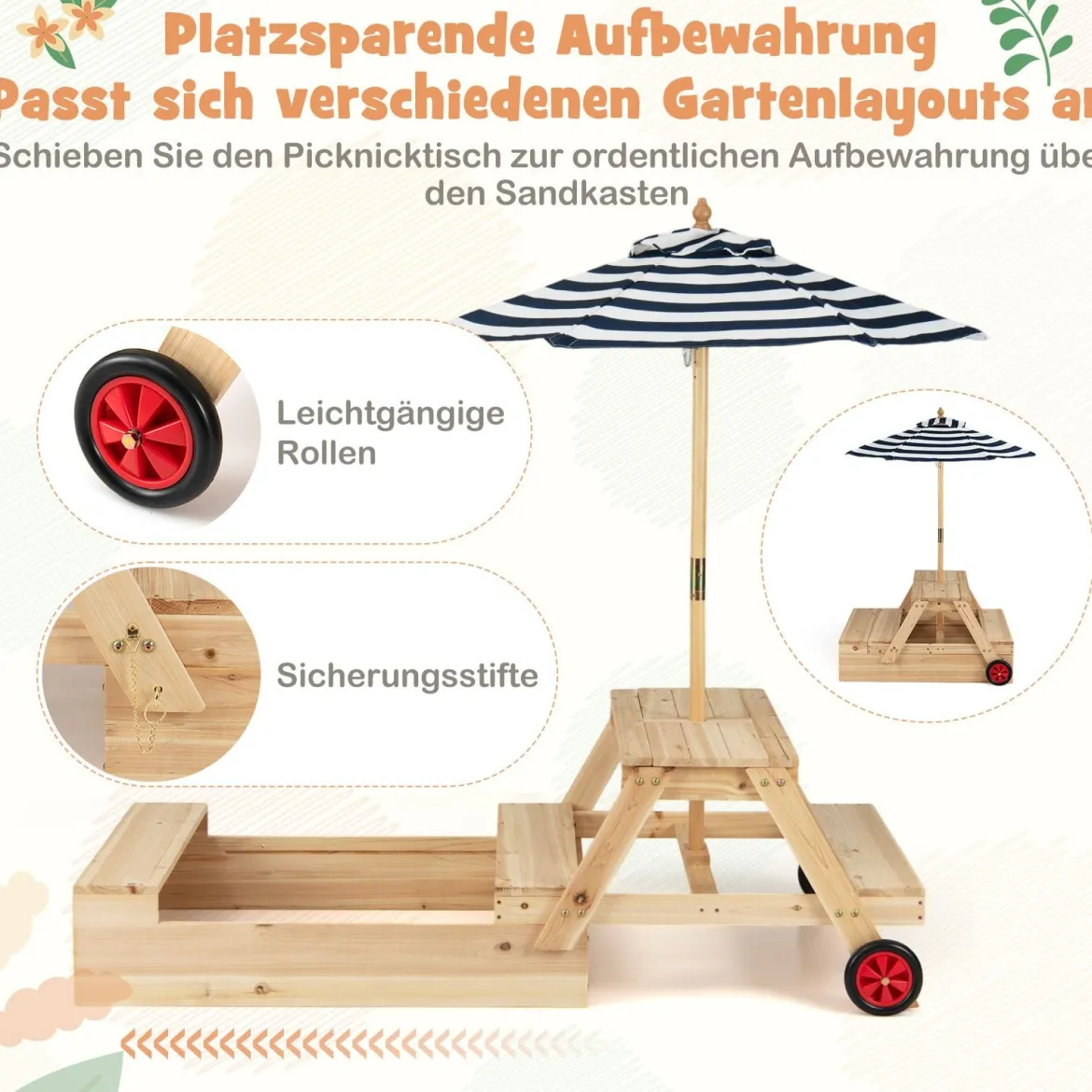 Kinder Picknicktisch mit Sandkasten & Sonnenschirm Holz Kindertisch mit Abnehmbarer Tischplatte