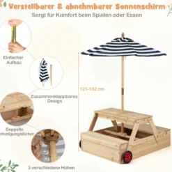 Kinder Picknicktisch mit Sandkasten & Sonnenschirm Holz Kindertisch mit Abnehmbarer Tischplatte