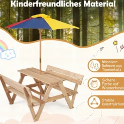 Kinder Picknicktisch mit Sonnenschirm Kindersitzgruppe aus Tannenholz mit 2 Bänken und Rückenlehnen