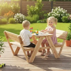 Kinder Picknicktisch Outdoor Kindersitzgruppe mit Tisch & 2 Sitzbänken Holz Kindersitzgarnitur