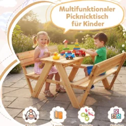 Kinder Picknicktisch Outdoor Kindersitzgruppe mit Tisch & 2 Sitzbänken Holz Kindersitzgarnitur