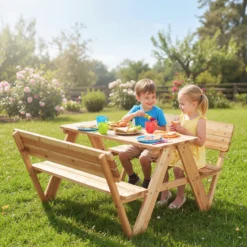 Kinder Picknicktisch Outdoor Kindersitzgruppe mit Tisch & 2 Sitzbänken Holz Kindersitzgarnitur