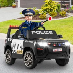 Kinder-Polizeiauto 12V betriebenes Polizeiauto mit Fernbedienung kabelloser Verbindung Musik Hupe Sirene & LED-Blinklichtern Schwarz