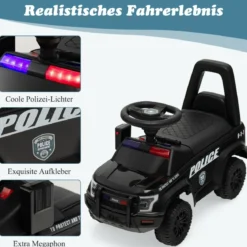 Kinder Polizei Rutschauto mit Stauraum unter dem Sitz & Megaphon & Warnlicht Kinderauto Schwarz