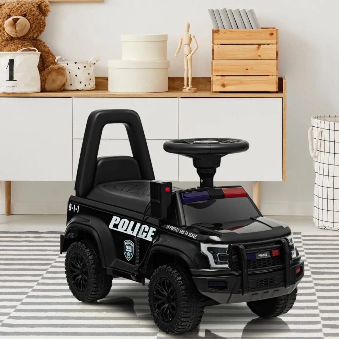 Kinder Polizei Rutschauto mit Stauraum unter dem Sitz & Megaphon & Warnlicht Kinderauto Schwarz