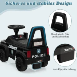 Kinder Polizei Rutschauto mit Stauraum unter dem Sitz & Megaphon & Warnlicht Kinderauto Schwarz
