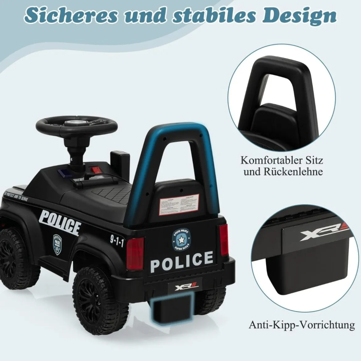 Kinder Polizei Rutschauto mit Stauraum unter dem Sitz & Megaphon & Warnlicht Kinderauto Schwarz