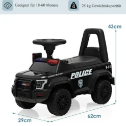 Kinder Polizei Rutschauto mit Stauraum unter dem Sitz & Megaphon & Warnlicht Kinderauto Schwarz