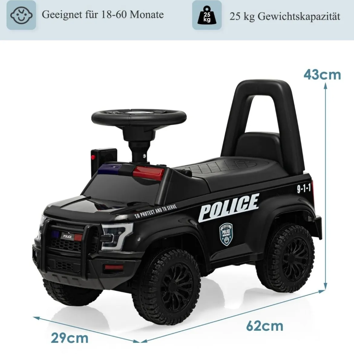 Kinder Polizei Rutschauto mit Stauraum unter dem Sitz & Megaphon & Warnlicht Kinderauto Schwarz