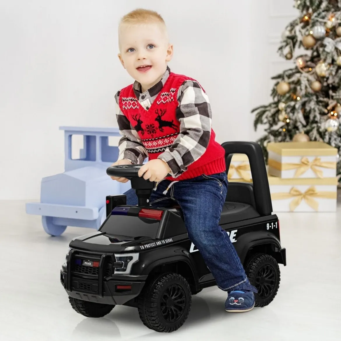 Kinder Polizei Rutschauto mit Stauraum unter dem Sitz & Megaphon & Warnlicht Kinderauto Schwarz