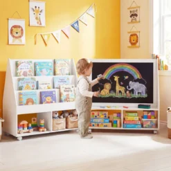 Kinderregal aus Holz Kinder Bücherregal mit Rollen & Kreidetafel Spielzeugregal mit 3 Regale & 2 Fächern Weiß