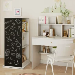 Kinderregal Holz 360° drehbares Eck-Regal mit Tafel Spiegel Haken & offenen Fächern Kinderbücherregal Holzregal Weiß