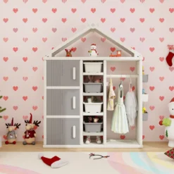 Kinderregal in Hausform mit Kleiderstange Kinder Bücherregal Spielzeugregal mit Regalen Grau