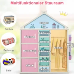 Kinderregal in Hausform mit Kleiderstange Kinder Bücherregal Spielzeugregal mit Regalen Rosa