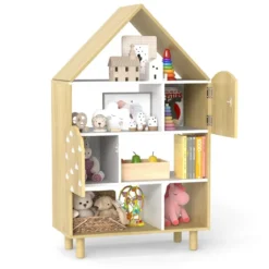 Kinderregal in Hausform mit 2 Türen & Massiven Holzbeine Kinder Bücherregal 4 Ebenen Natur