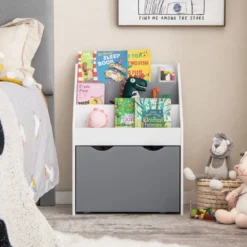 Kinderregal mit 3 Ablagen & Rollender Spielzeugkiste Kinder Bücherregal Grau + Weiß