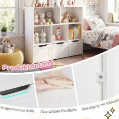 Kinderregal mit Boxen & 5 Fächern & 3 Schubladen Bücherregal auf Rollen Kinderschrank Weiß