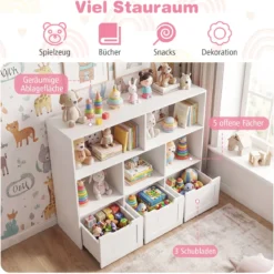 Kinderregal mit Boxen & 5 Fächern & 3 Schubladen Bücherregal auf Rollen Kinderschrank Weiß
