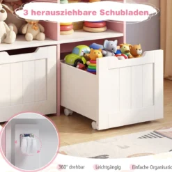 Kinderregal mit Boxen & 5 Fächern & 3 Schubladen Bücherregal auf Rollen Kinderschrank Rosa