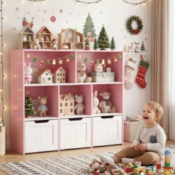 Kinderregal mit Boxen & 5 Fächern & 3 Schubladen Bücherregal auf Rollen Kinderschrank Rosa