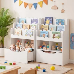 Kinderregal mit 5 Ebenen Bücherregal mit Schubladen auf Rollen 60 x 30 x 91 cm Weiß