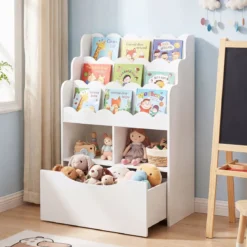Kinderregal mit 5 Ebenen Bücherregal mit Schubladen auf Rollen 60 x 30 x 91 cm Weiß