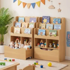 Kinderregal mit 5 Ebenen Bücherregal mit Schubladen auf Rollen 60 x 30 x 91 cm Natur