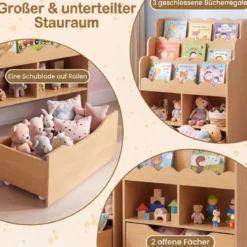 Kinderregal mit 5 Ebenen Bücherregal mit Schubladen auf Rollen 60 x 30 x 91 cm Natur