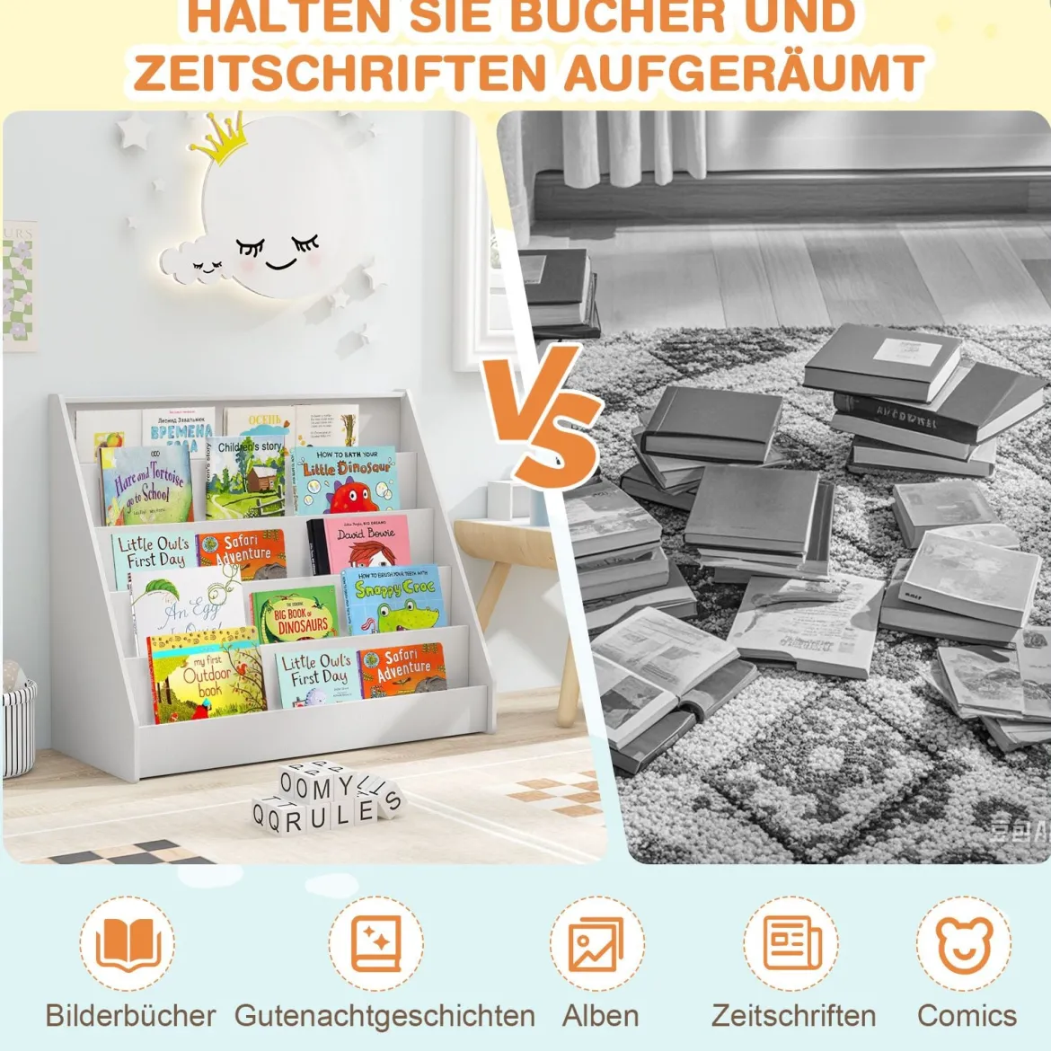 Kinderregal mit 5 Fächern Kinder Bücherregal Zeitungsständer Aufbewahrungsregal Weiß