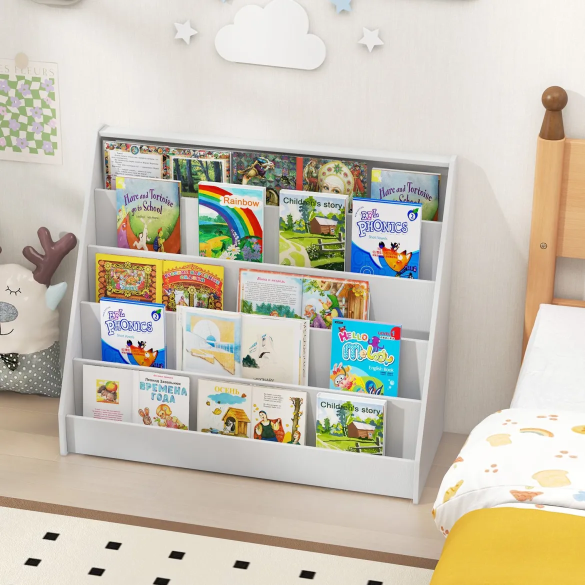 Kinderregal mit 5 Fächern Kinder Bücherregal Zeitungsständer Aufbewahrungsregal Weiß