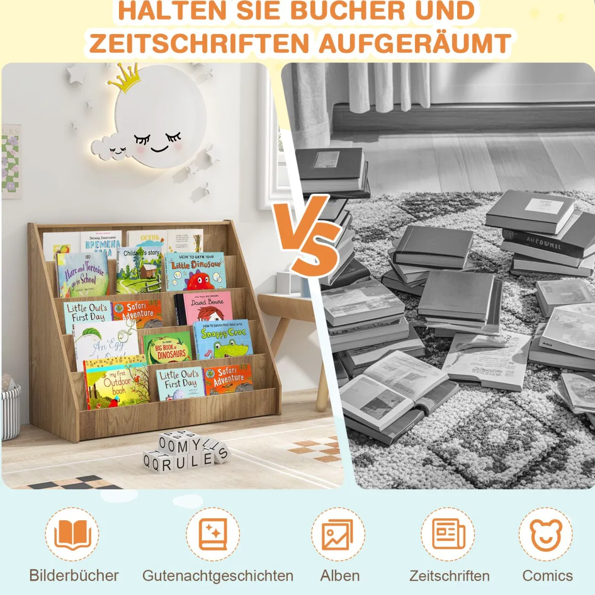 Kinderregal mit 5 Fächern Kinder Bücherregal Zeitungsständer Aufbewahrungsregal Natur