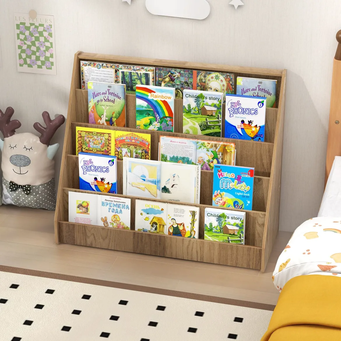 Kinderregal mit 5 Fächern Kinder Bücherregal Zeitungsständer Aufbewahrungsregal Natur