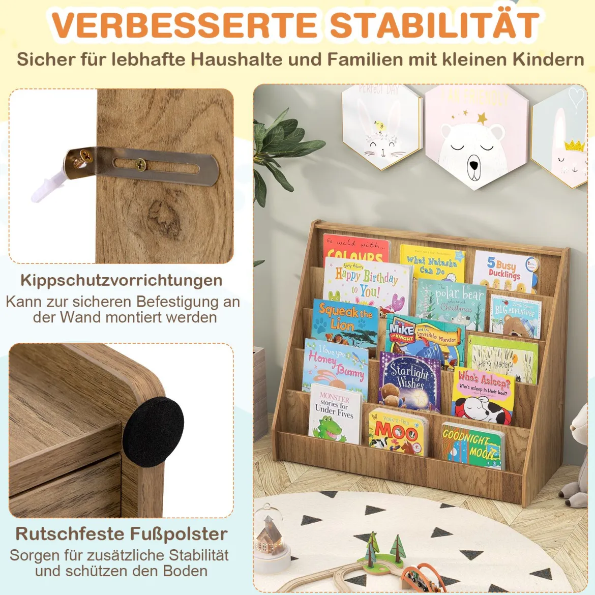 Kinderregal mit 5 Fächern Kinder Bücherregal Zeitungsständer Aufbewahrungsregal Natur