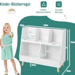 Kinderregal mit 5 offenen Fächern Bücherregal Kinder Kinderzimmerregal mit Massivholzbeinen Weiß